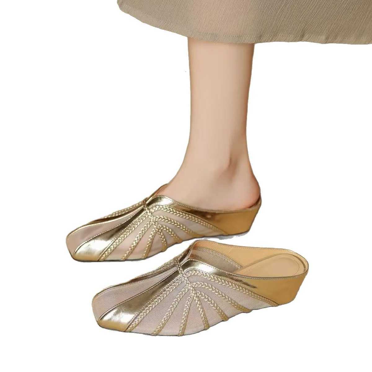 Womens Mesh Hollow Splicing Wedge Heel Mules Shoes Summer Cool and Comfortable Breathable Inner Height Increase Baotou Slippers K260311
