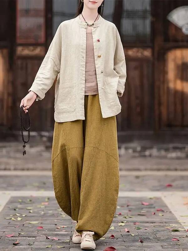 Retro Chinese Artistic Long Sve irt Women's Cotton Linen Autumn Spring Stand Collar Button up Cardigan Casual Loose Fit