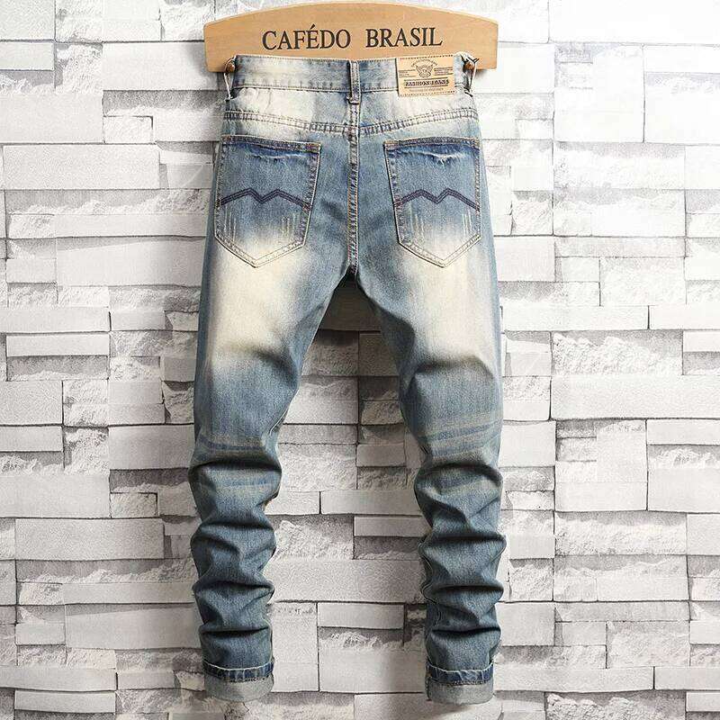 Distressed Ripped Jeans Men's Retro Blue Fashion Slim Motorcycle Trousers Hip-hop Street Male Hole Denim Pants Z260225
