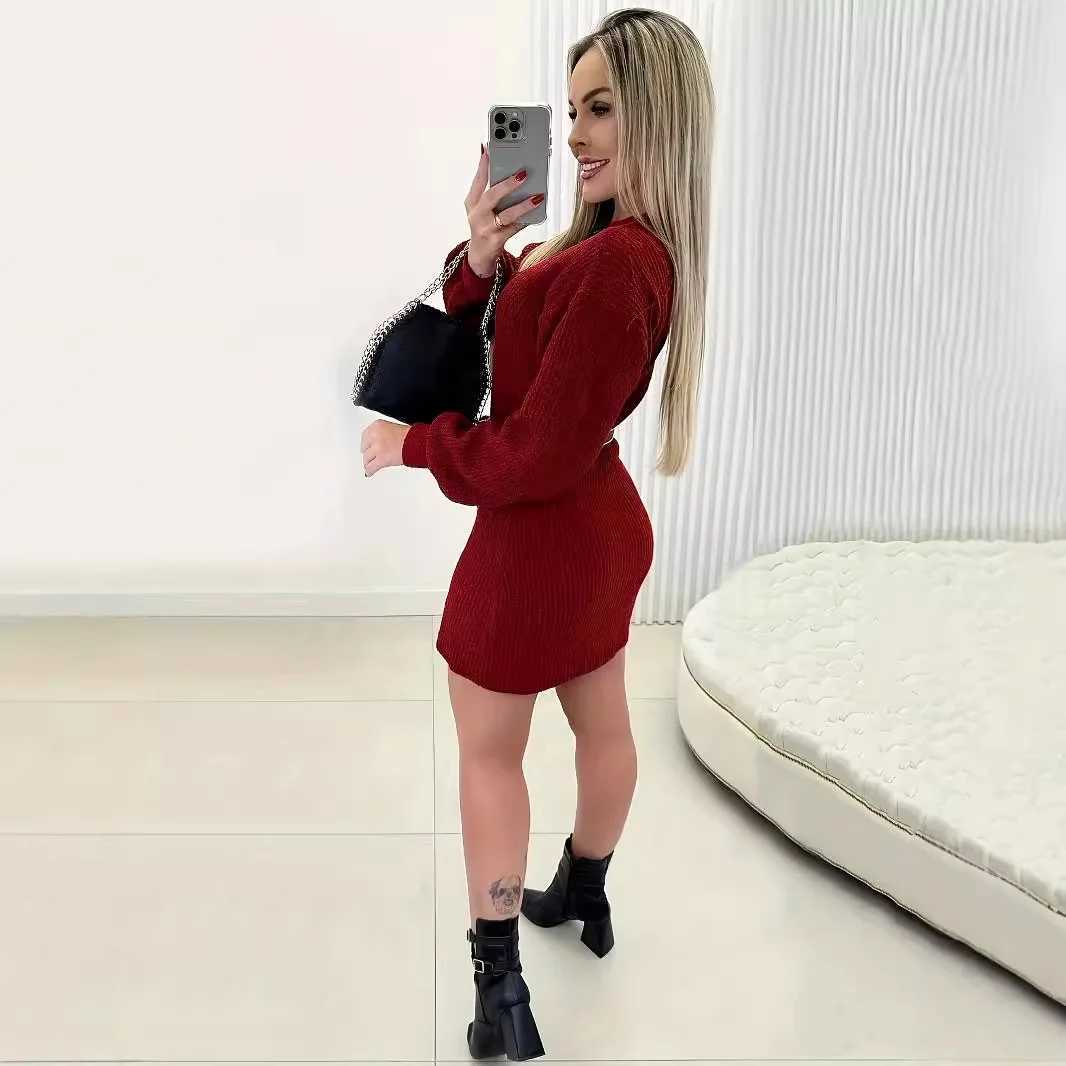 Fashion O-neck Long Sleeve Knitted Mini Dress Women Autumn Winter Casual Sweater Office Ladies Dresses For Women Robe Femme M260311