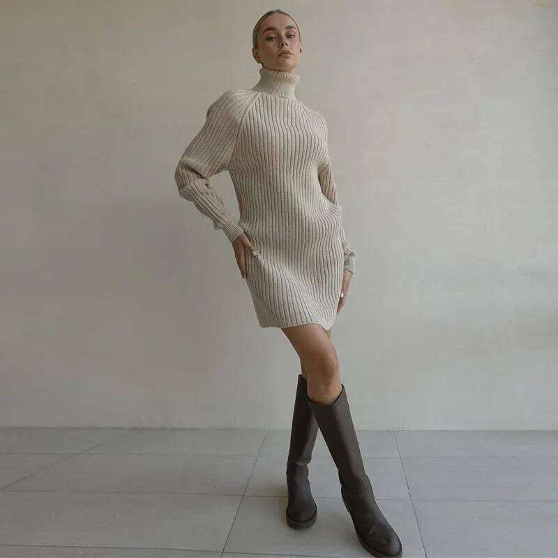 White Turtleneck Knitted Dresses Woman Winter Autumn Oversized Sweater Fashion Long Sleeve Mini Dress Casual Knitwear Z260311