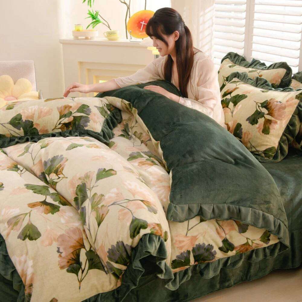 Korean Style Thickened Milk Velvet Four-Piece Winter Warm Soft Duvet Quilt Cover Bed Sheet Pillowcase Bedding Set H260311