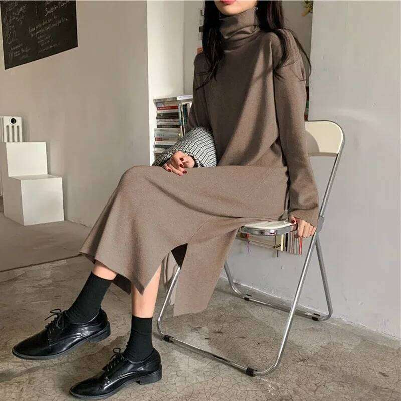 Smvp Fall Winter Turtleneck Women Basic Solid Casual Loose Long Sleeve Dresses Female Streetwear Side Split Dress Z260311