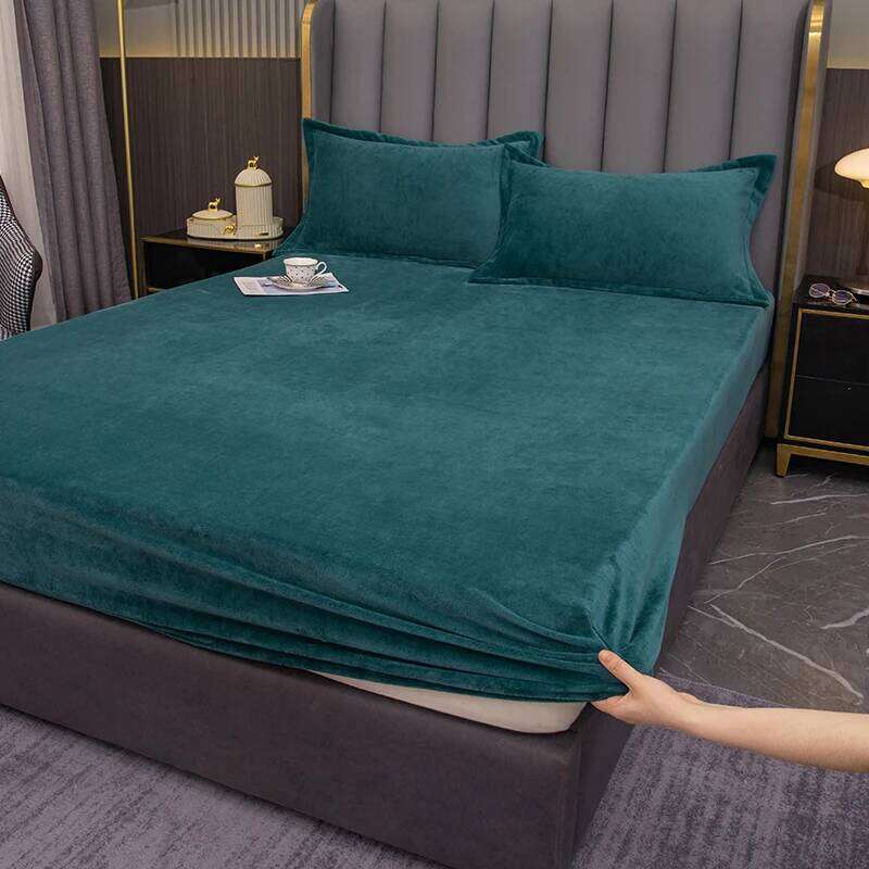 3pcs Green Flannel Fitted Solid Color Bedding Winter Warm Plush Bed Set Home Bedroom Decor Deep Pocket Sheet H260311