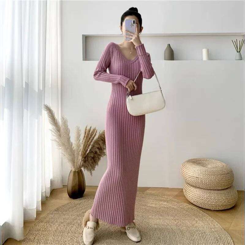 V-neck Knitted Dress Women's Autumn Winter New Slim Hip Bottoming Shirt Over-the-knee Sweater Long Skirt Z260311