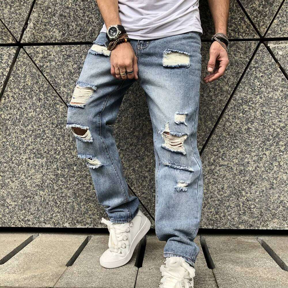 Stylish Simple Ripped Straight Loose Jeans For Men Casual Denim Pants Male Streetwear Trousers Z260225