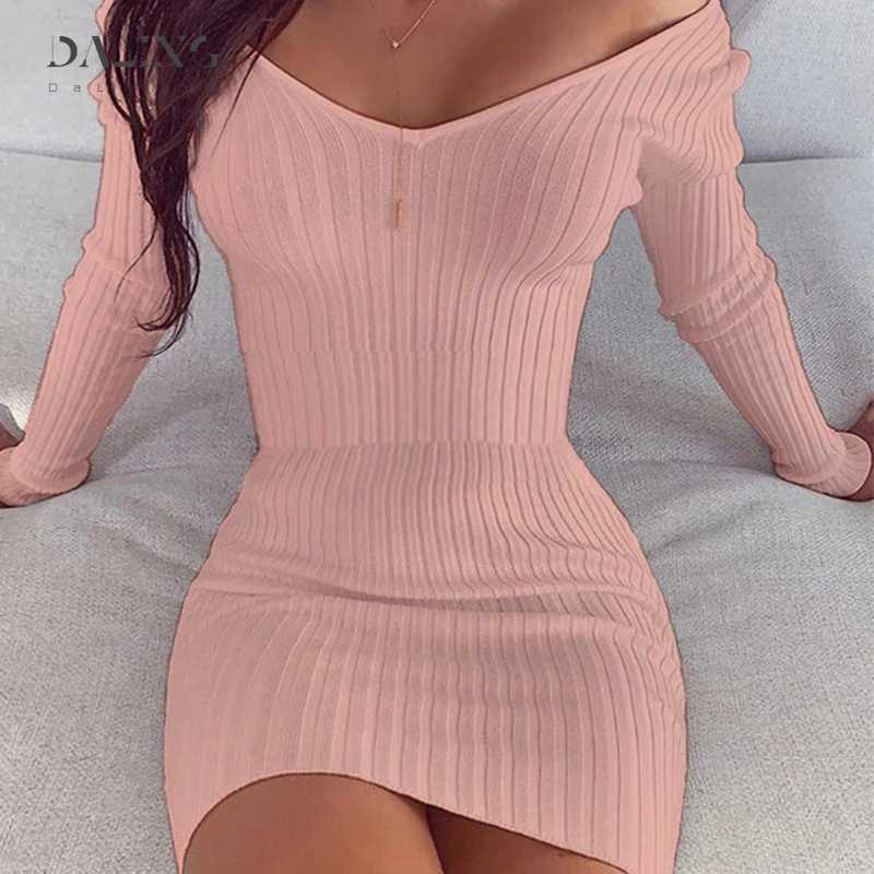 Sexy Club Off Shoulder Long Sleeve Bodycon Dress For Women 2020 Winter White Knitted Sweater Mini Woman Dresses Robe Femme M260311