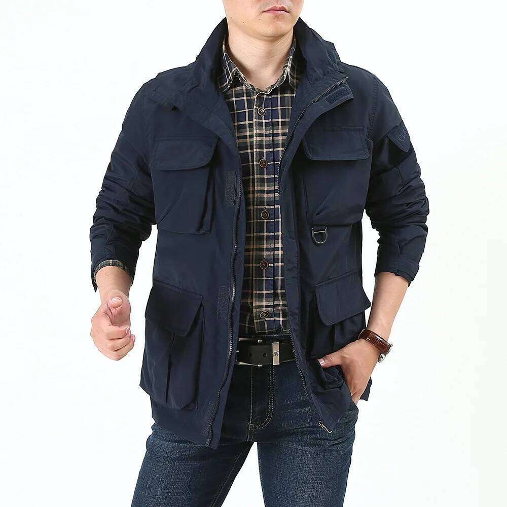 Men's Detachable Hat Windbreaker Jacket Spring Autumn Windproof Waterproof Multi-Pocket Outdoor Fashionable Workwear 26H0311