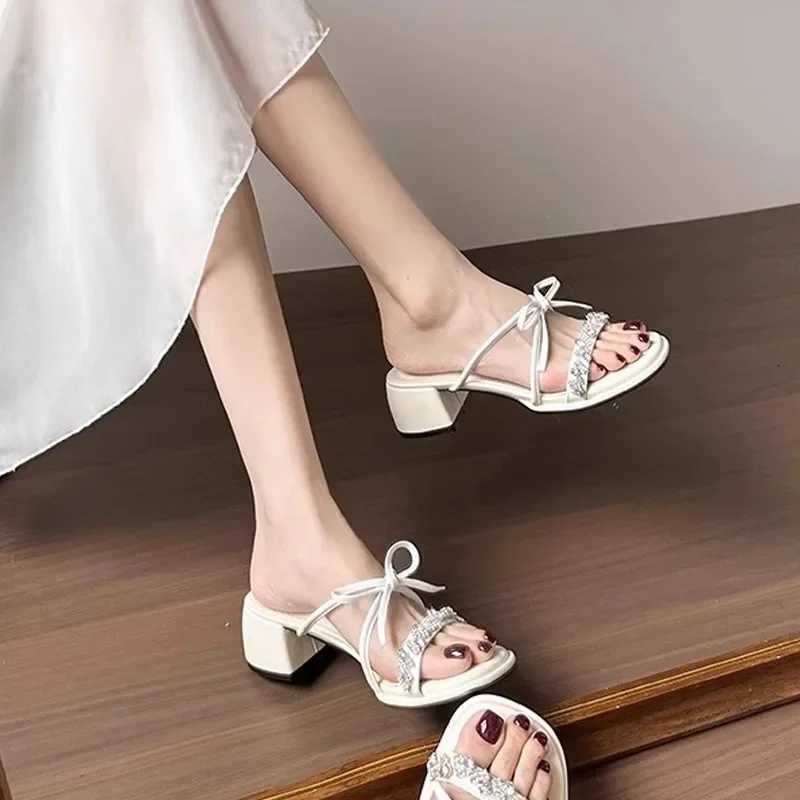 Crystal Square Toe Slippers High Heels Shoes Bow Women Sandals 2025 New Summer Party Pumps Shallow Dress K260311