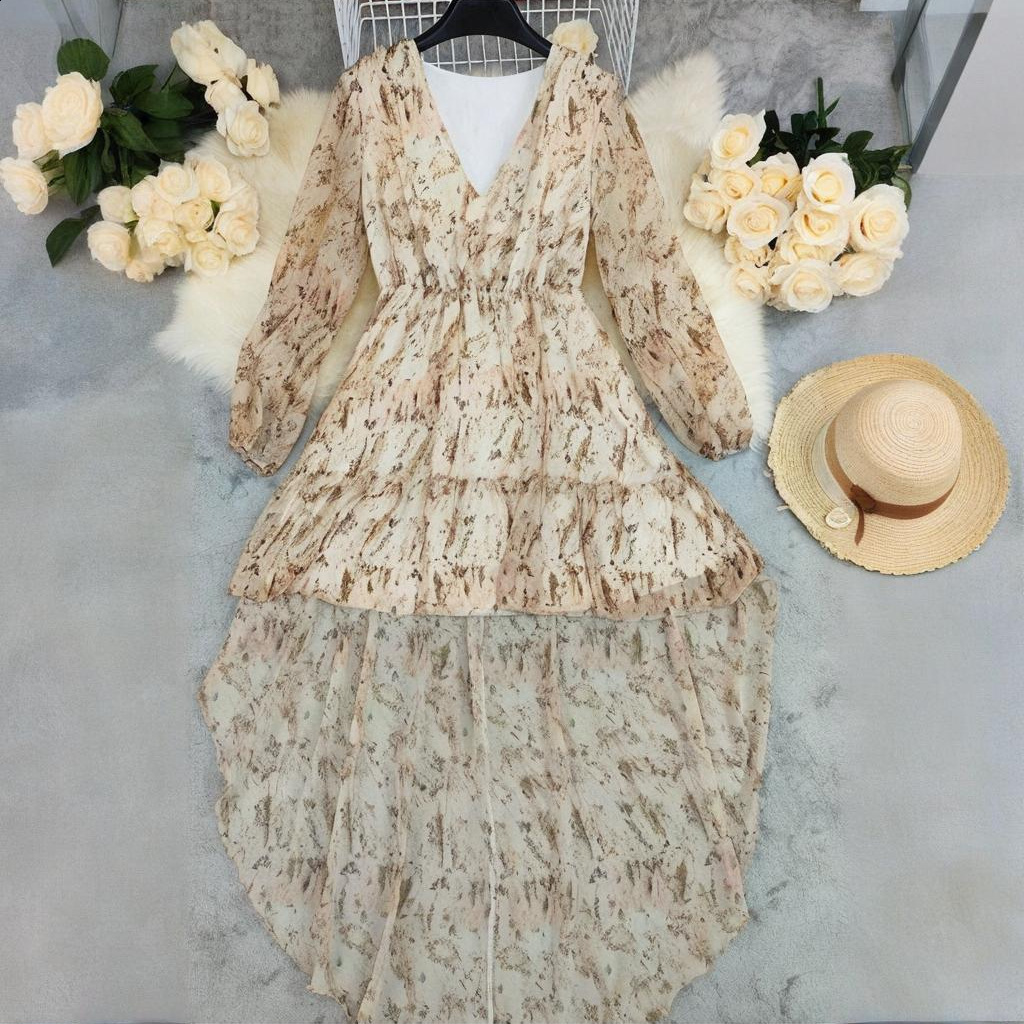 LN14702025 Womens Bohemian V-neck Irregular Hem Printed Long Sleeve Dress 240319