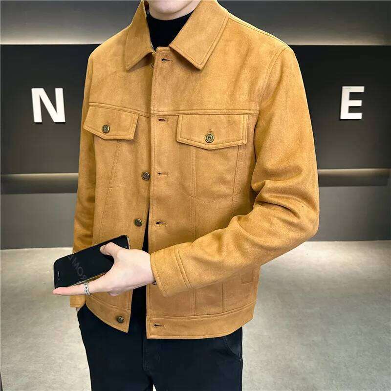 High-Grade Deerskin Velvet Padded Jacket, Men's Lapel Short Solid Color Coat Brown 26H0311