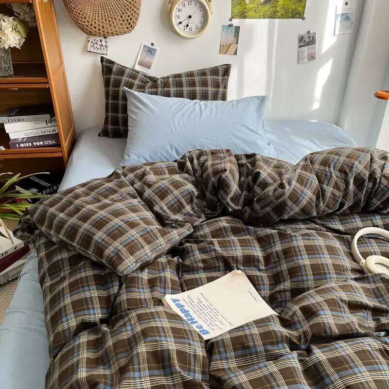 Bedding Ins Ambiance Blue Coffee Grid Mixed With Washed Cotton Minimalist Four Piece Set Fitted Sheets Duvet Cover H260311