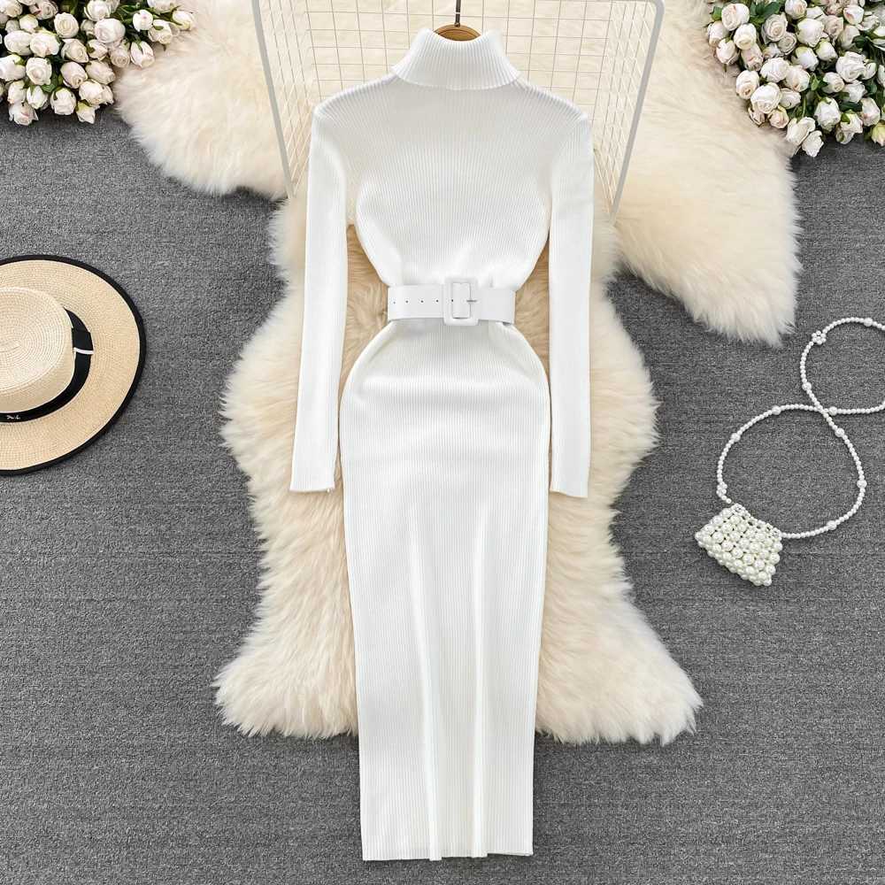 REALEFT Autumn Winter 2025 New Turtleneck Womens Knitted Dresses with Belted Long Sleeve Elegant Bodycon Wrap Dress Female M260311