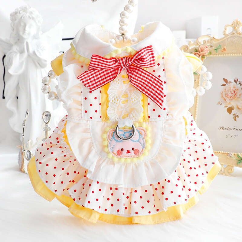 dog Clothes Spring Summer Thin Style Cat Princess Dress Red Dot Yellow Bear Leash Lolita Small Dog Pet Wholesale