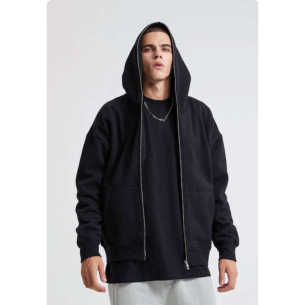 Harajuku Sweatshirts Men Zip Up Hoodies Jacket Retro Long Sleeve Oversized Black Hooded Sweatshirt Coats 26H0311