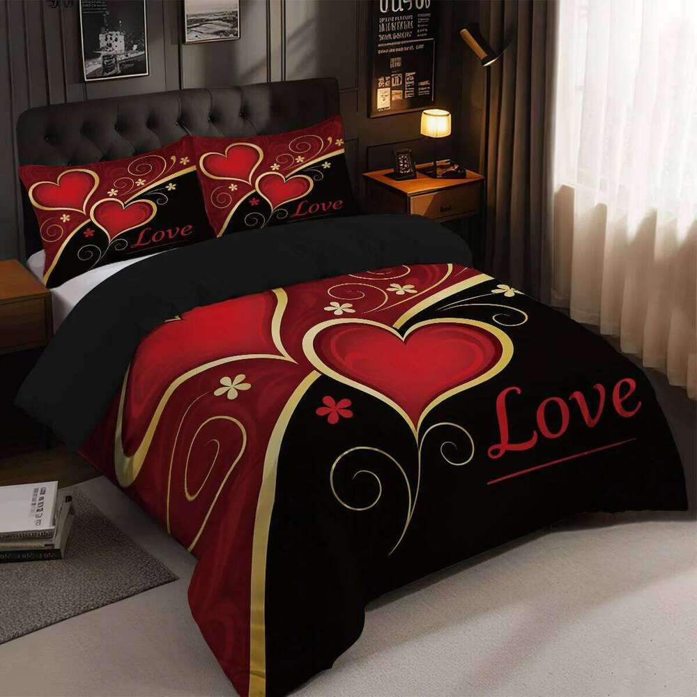 3pcs 1 duvet cover, 2 pillowcases, coreless, black and red Valentine's Day heart, Love design printed pattern bedding set H260311