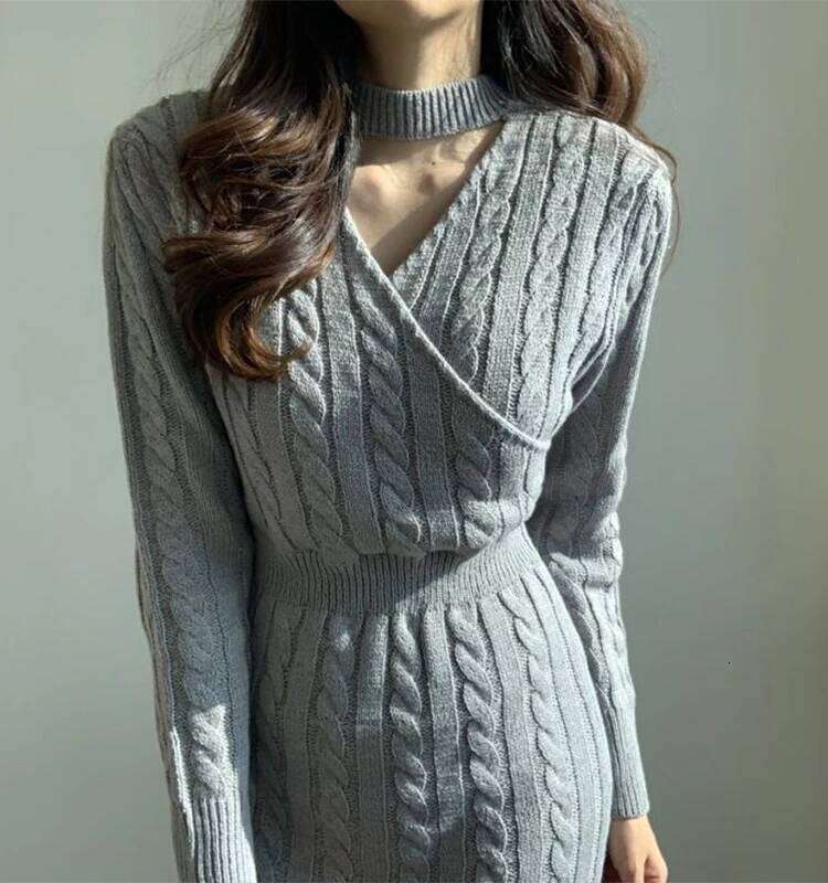 French Long Sleeve Sweater Knee Length Dress High Fork Style Thickened Paired With Knitted Dresses Women Autumn Winter Season Z260311