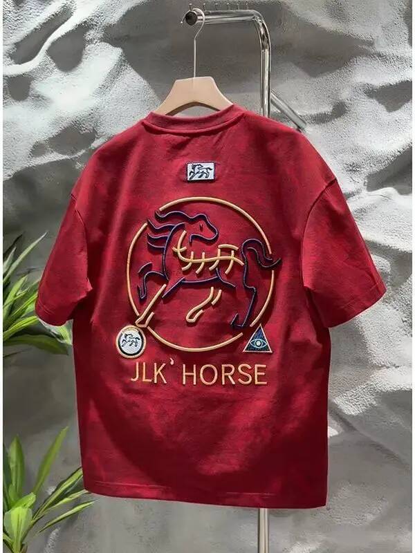 Casual Loose round Ne ort Sve T-irt Men's Spring Summer New Sle Embroidery Faion Year Top Vintage Heavy Work