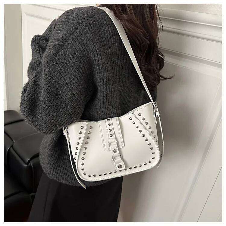 Vintage Rivet Thread Design Shoulder Bags for Women Versatile Ladies Pu Leather Crossbody Bag Solid Color Female Handbags Zipper XJ260311