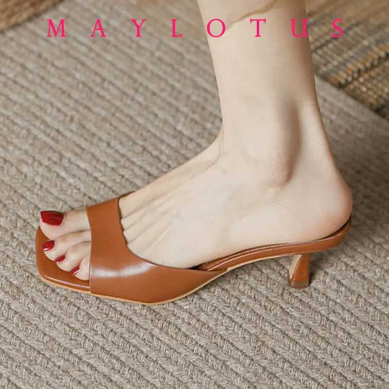 Size 34-42 Women Heeled Mules Sandals Soft Leather High Heels Summer Shoes For Women Slippers Vintage Open Toe Slides K260311
