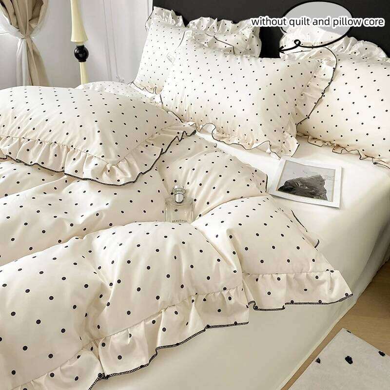 3pcs Korean lace Duvet 1*Duvet Cover + 2*Pillowcase, Without Core, Black dot print Bedding Set H260311