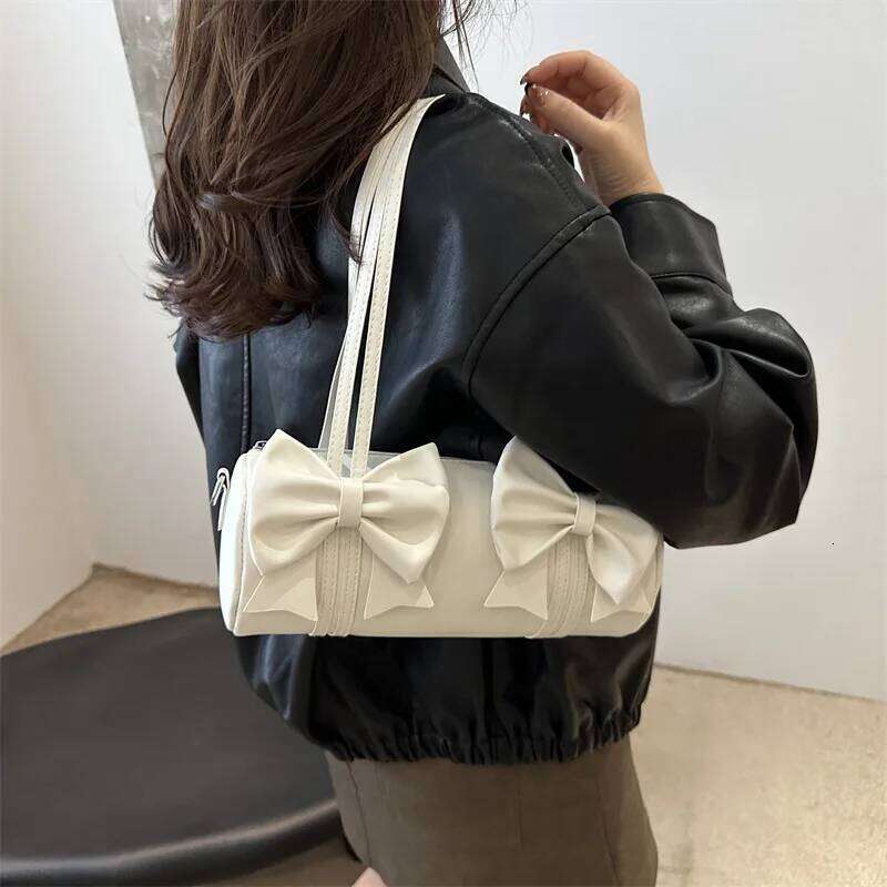 Elegant Bow Women's Small Pillow Handbags Pu Leather Ladies Shoulder Underarm Bags Barrel-shaped Purse Female Tote Crossbody Bag XJ260311