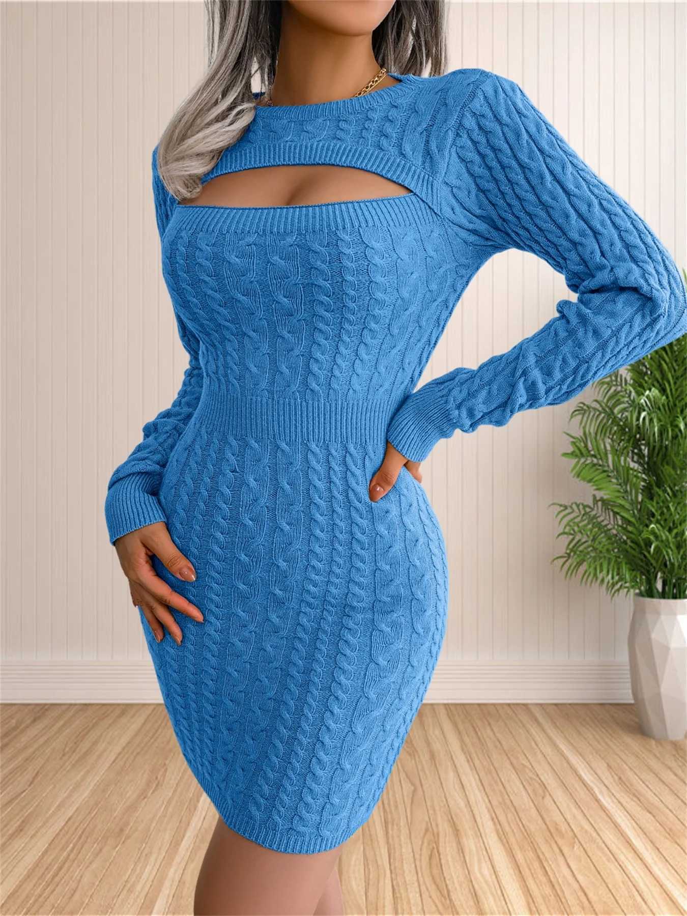Womens Sexy Backless Cable Knit Sweater Dress Long Sleeve Bodycon Midi Dresses for Fall Winter M260311