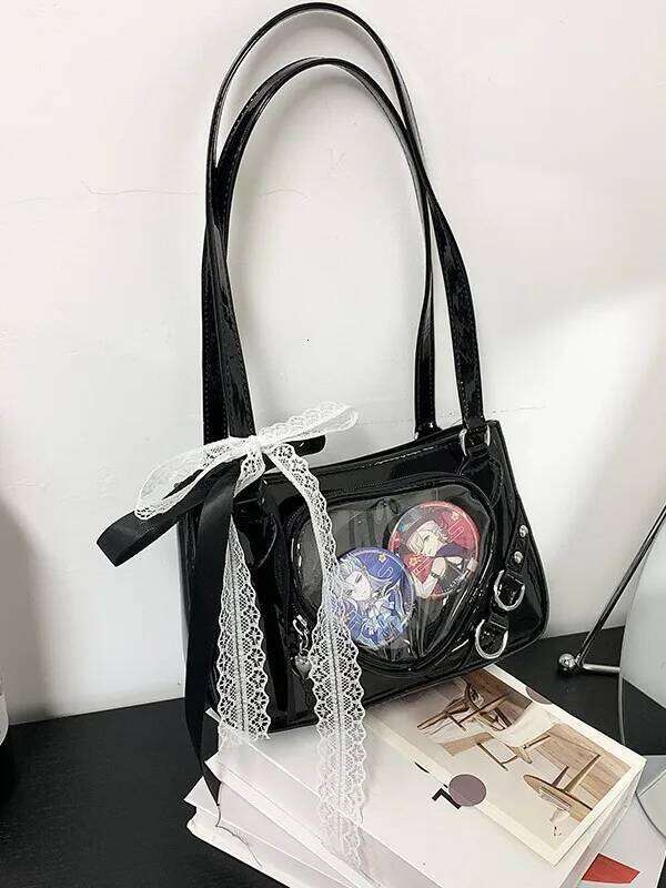 Japanese Style Love Transparent Girls Ita Shoulder Bags JK PU Leather Women Small Handbag Belt Badge Display Female Underarm Bag XJ260311