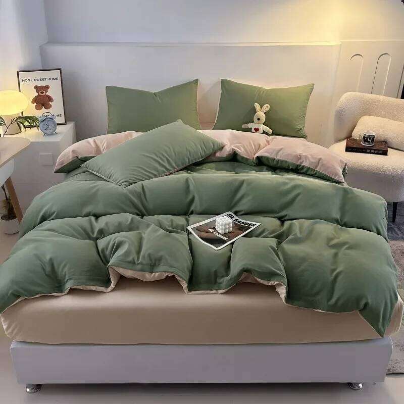 2025 new skin-friendly and comfortable washed cotton simple striped plaid color four-piece set, bed sheet kit H260311