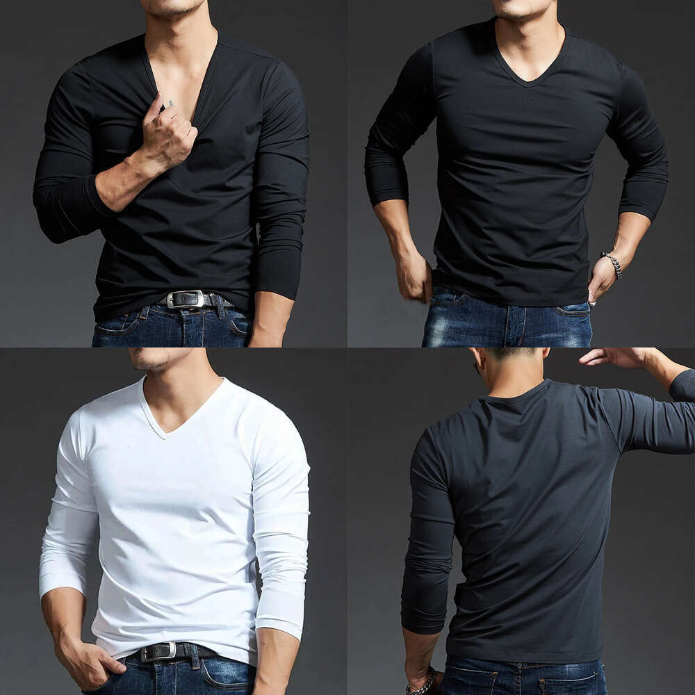 Men's T-Shirts Men's Tees & Polos 2026 New Model Casual Mens Long Sleeves V Neck Slim T-Shirt Solid Color Activewear Tops Tee Undershirt Fre