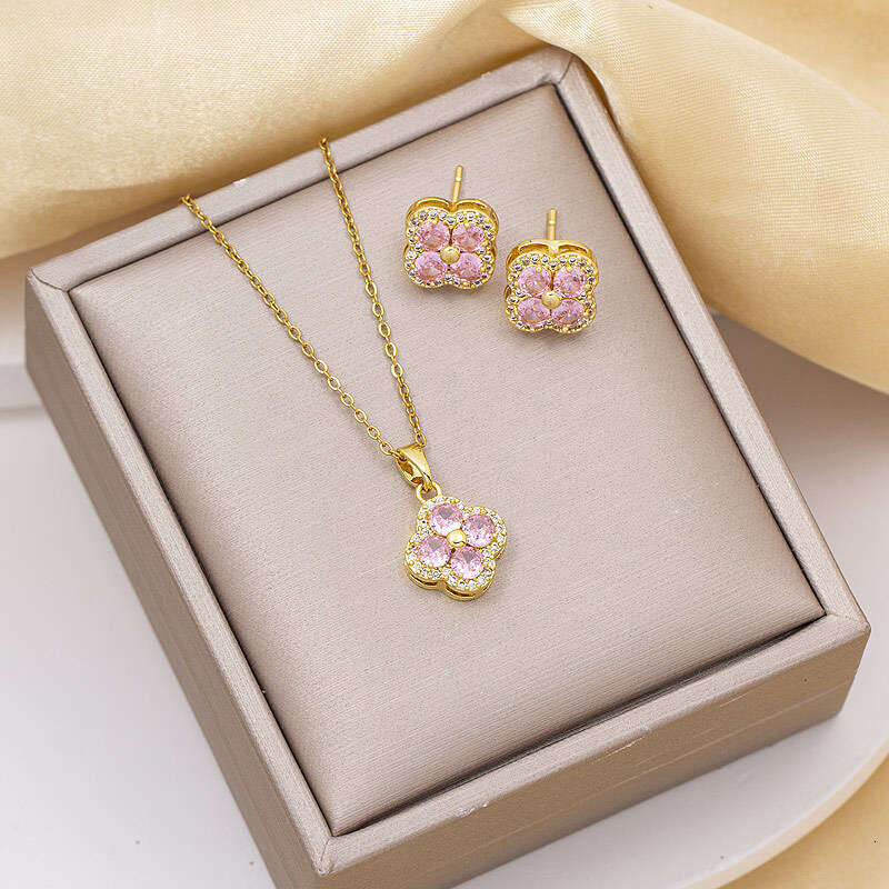 Clover Necklace for Women Jewelry Pendant Earrings Set Titanium Steel Clavicle Chain Light Luxury Zircon Inlaid Copper High End Elegant Jewelry