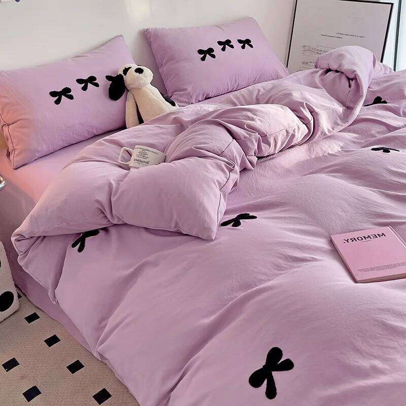Bow-knot Duvet 3pcs Microfiber Soft Bedding Set Simple Purple Comforter Girly Bedroom Quilt Cover with 2 Pillowcases H260311