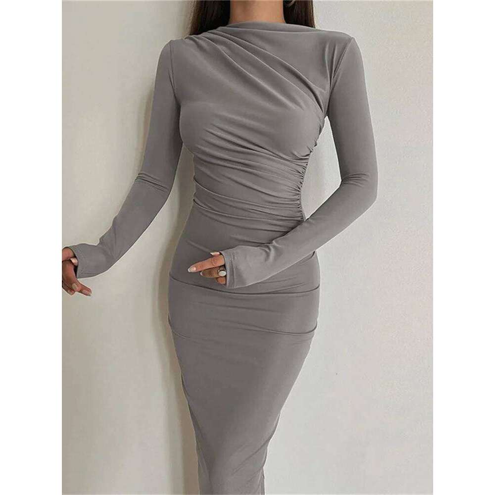 NIBBER Women's Elegant Solid O-neck Patchwork Maxi Dress Full Long Sleeves Body-shaping Robe Lady Evening Attirewear Vestidos Z260311