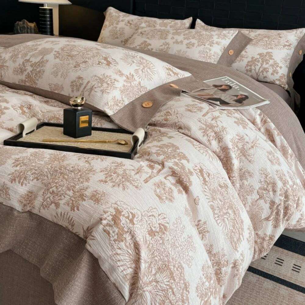 Plant Print A-Class Linen Bedding Button Four Piece Set Thicken Duvet Cover Bed Sheet Pillowcases Bedroom Decor Home Textile H260311 - view 5