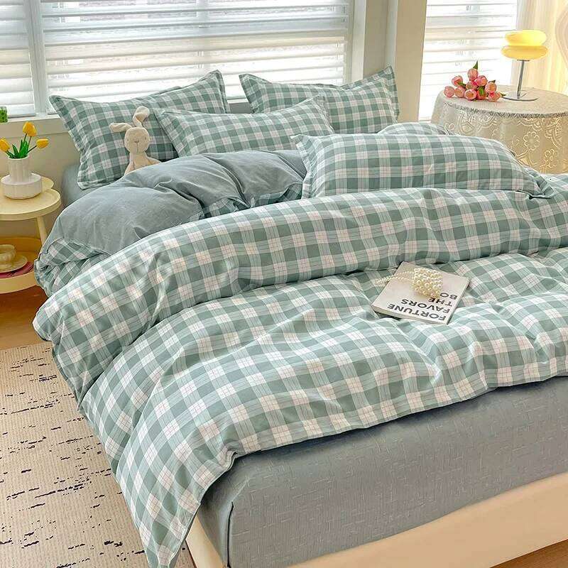 Piece, 100% Cotton Bedding 4 Piece Sheet Comforter Set, Simple Striped Check Couple Bed Quilt Set H260311