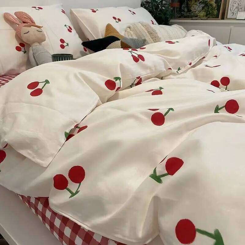 Kawaii Bedding Set Kids Adult Flat Sheet Duvet Cover Pillowcase Single Double Full Size Bed Linen Floral Cherry Home Textile H260311