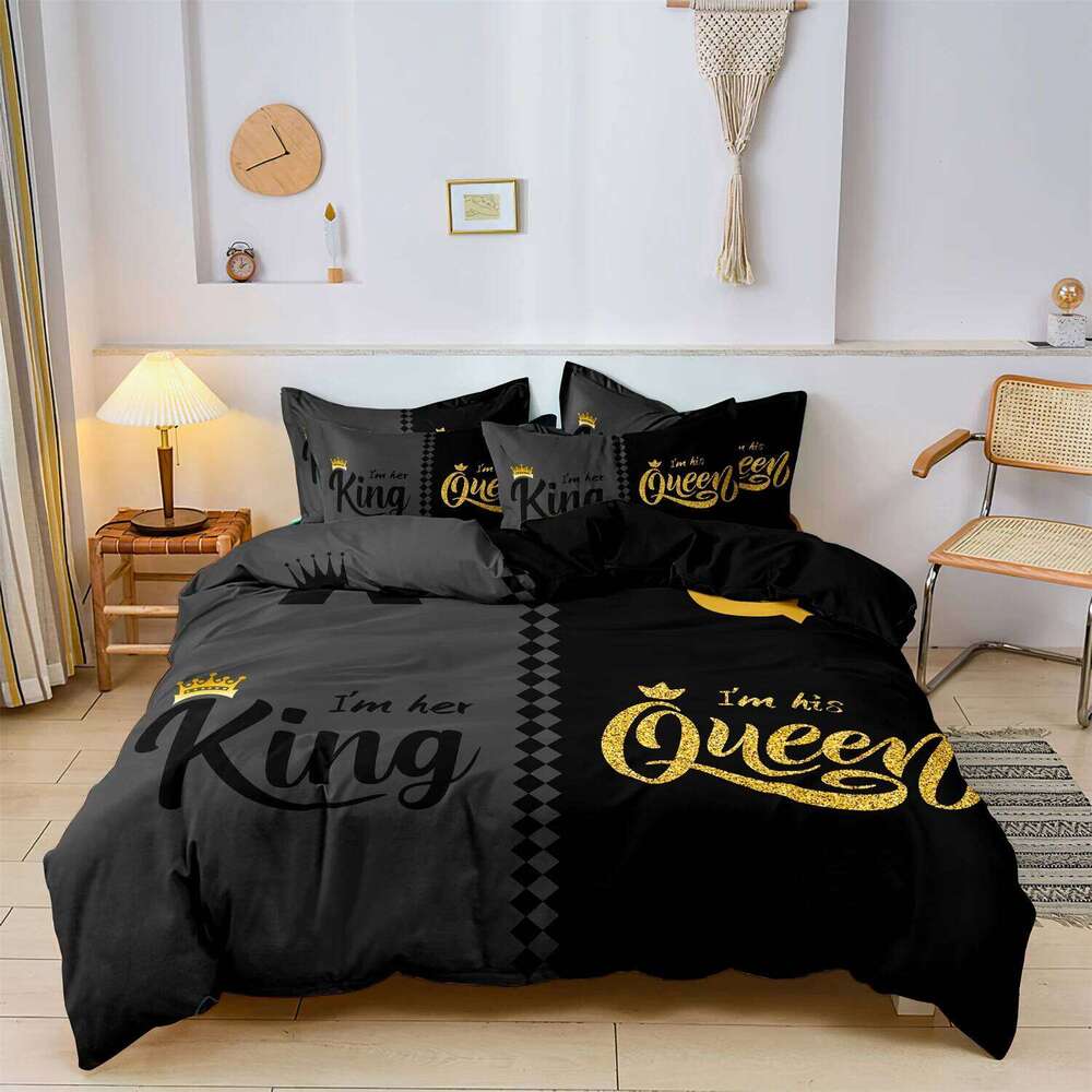 3pcs Fashionable Black Gray Queen & King Crown Printed Bedding Set Duvet Cover Soft Comfortable And Breathable, Bedroom, Hotel H260311