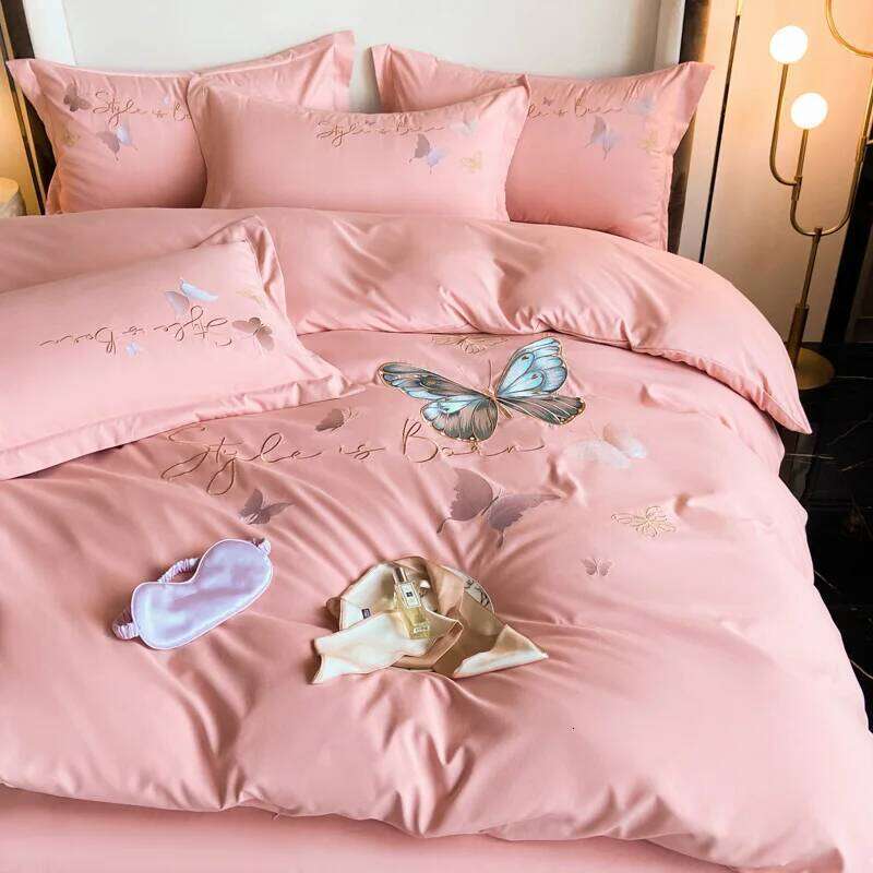 Light Brushed Butterfly Embroidery Four-Piece Sets Single Double Bedding Soft Duvet Cover Set Bed Sheet Pillowcases H260311