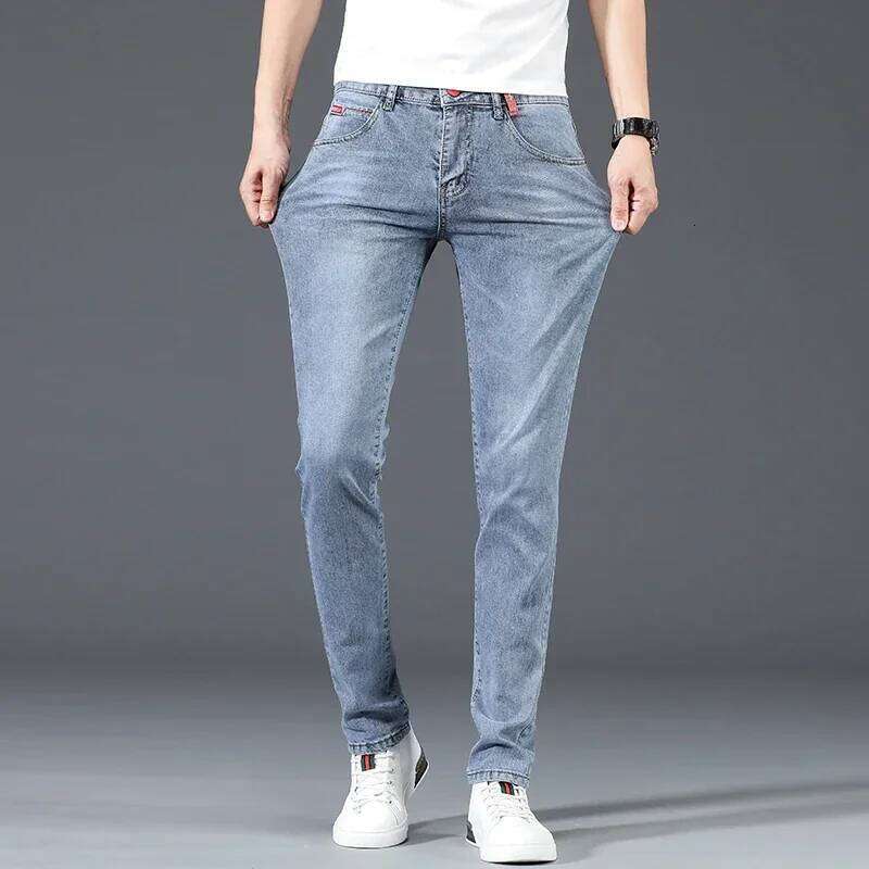 2025 New Men's Cotton Business Casual Skinny Jeans Trendy Fashionable Stretch Straight Slim Denim Trousers Male Blue Grey Z260225