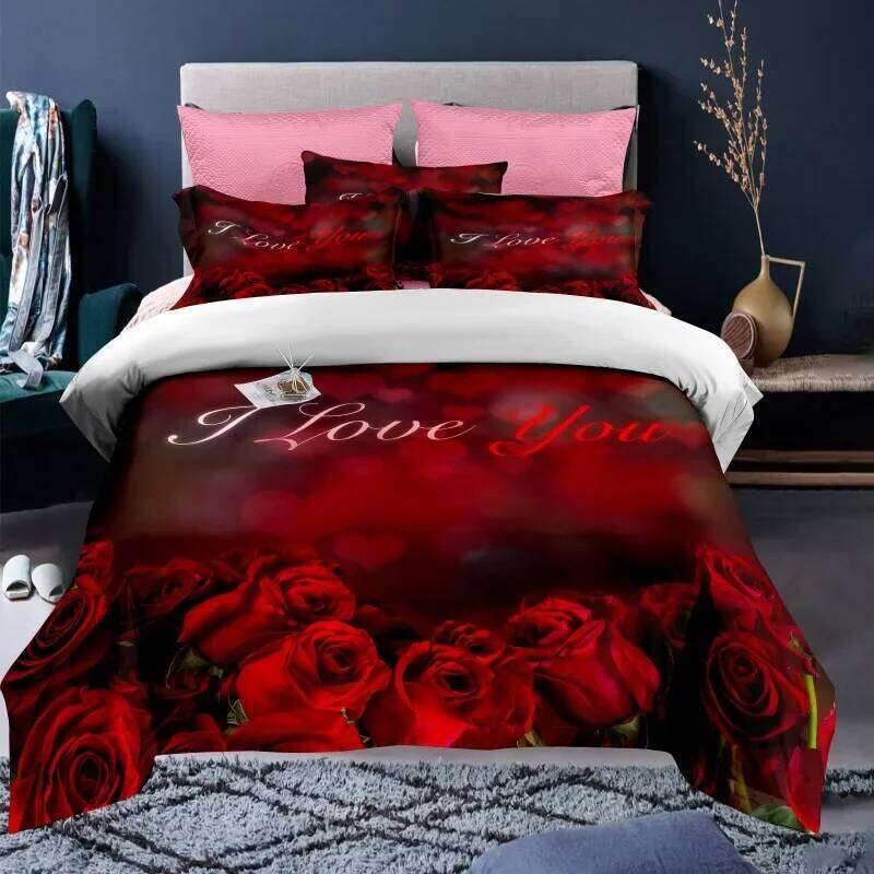 Valentine's Day Duvet Red Rose I Love You Pattern King Size Couple Polyester Bedding Set Happy Romantic Quilt Cover H260311