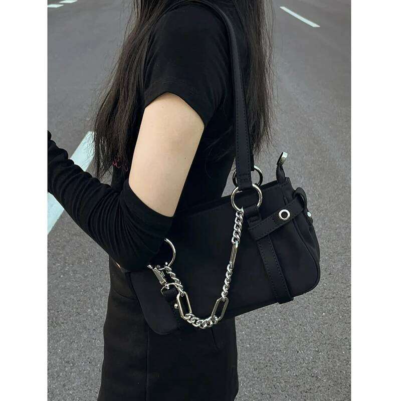 Fashion Design Gothic Chain Ladies Underarm Bag Sweet Cool Y2k Women Square Shoulder Bags Black Pop Female Tote Handbag Purse XJ260311