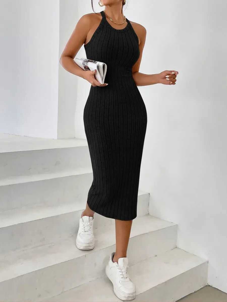 Black Ribbed Halter Neck Bodycon Midi Dress with High Stretch M260311