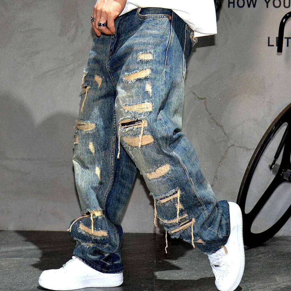 Mens Ripped Baggy Jeans Distressed Denim Streetwear Skateboard Pants Straight Leg Patchwork Oversized Urban Fashion Workwear Z260225
