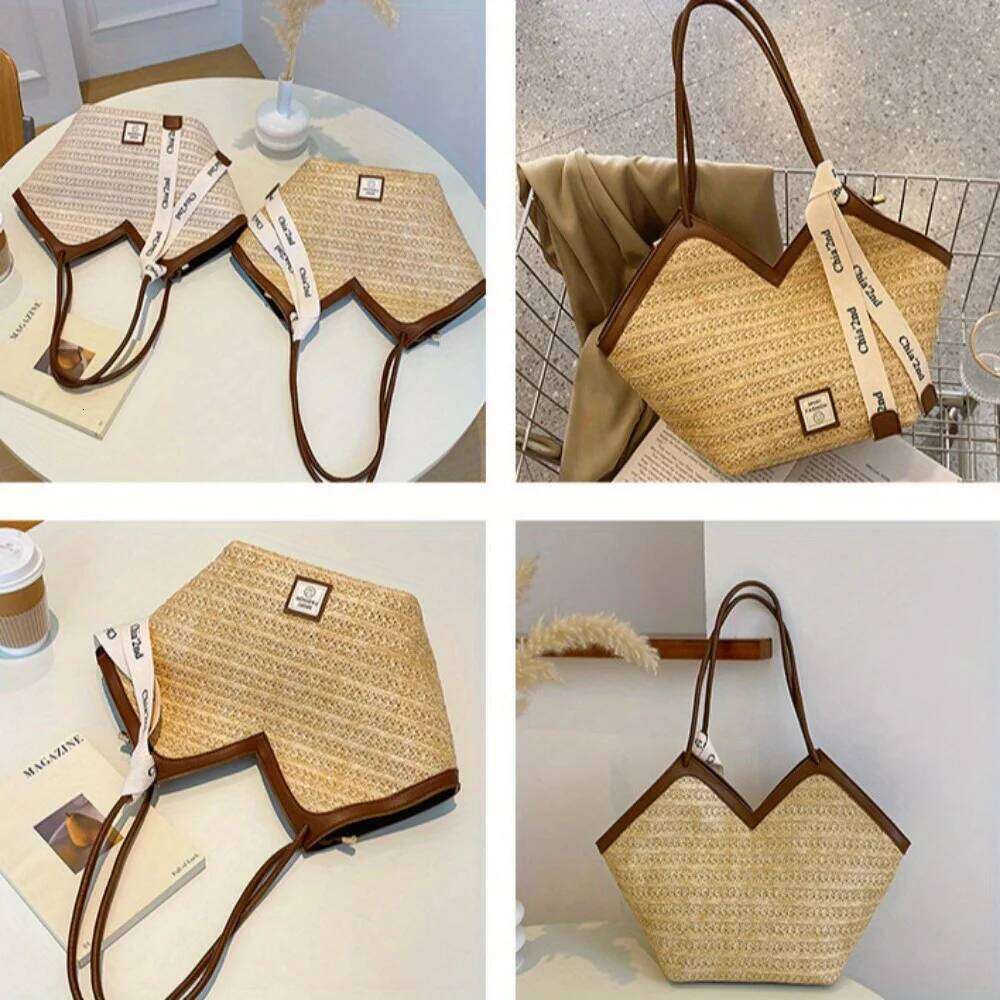Chic Straw Beach Tote Women Lightweight Woven Handbag Shoulder Bag Perfect for Summer Vacations, Pool Days, Travel XJ260311