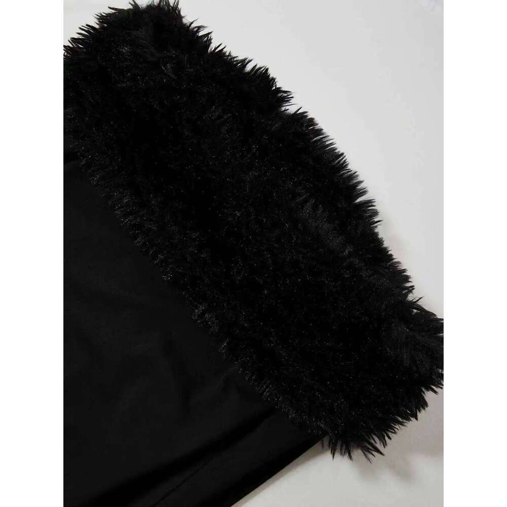 Black off the trimmed slim fit dress,Black one shoulder long sleeved dress with plush trim Z260311