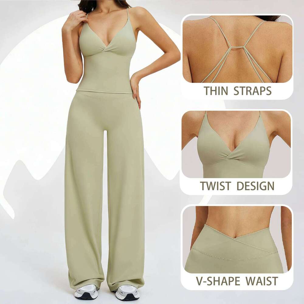 Women's 2 Piece Sportswear Set: Beauty Tank Top + High Waist Wide Leg Pants, Breathable Yoga Outfit for Gym Loungewear 26H0311