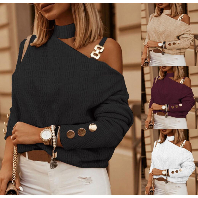 Sexy off shoulder camisole collar womens shirt long sleeved casual loose top pink and white autumn elegant office womens shirt 240828