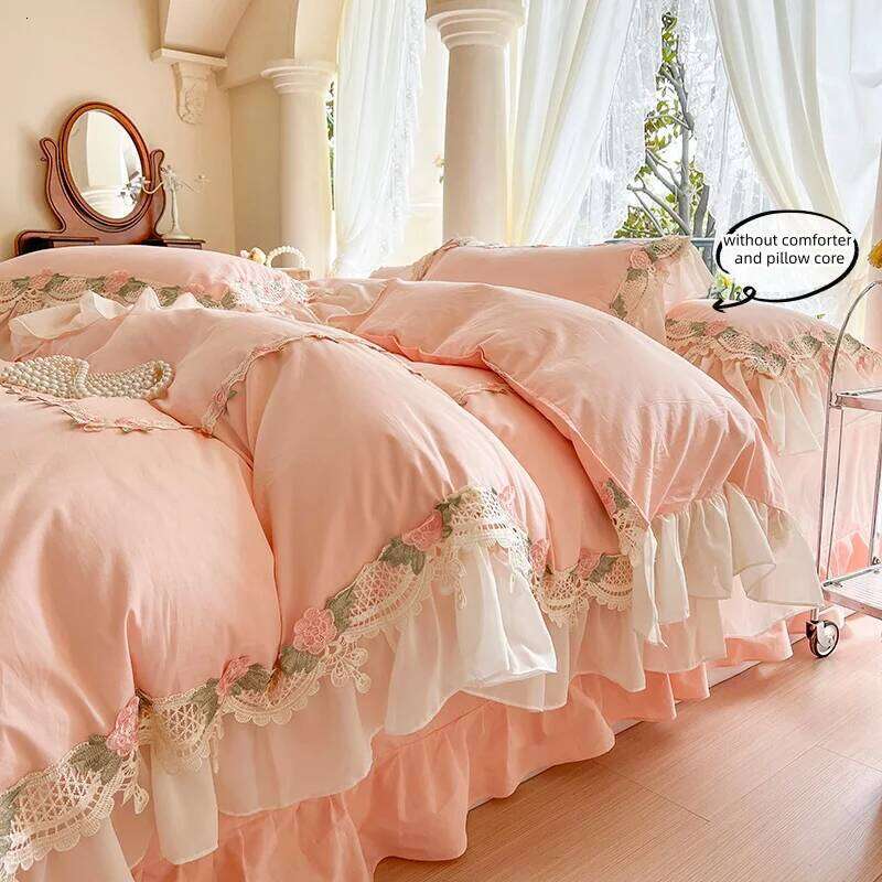3-Piece Sheet Pink Lace Duvet Cover Set, Comfortable Bedding Set Bedspread for All Seasons H260311