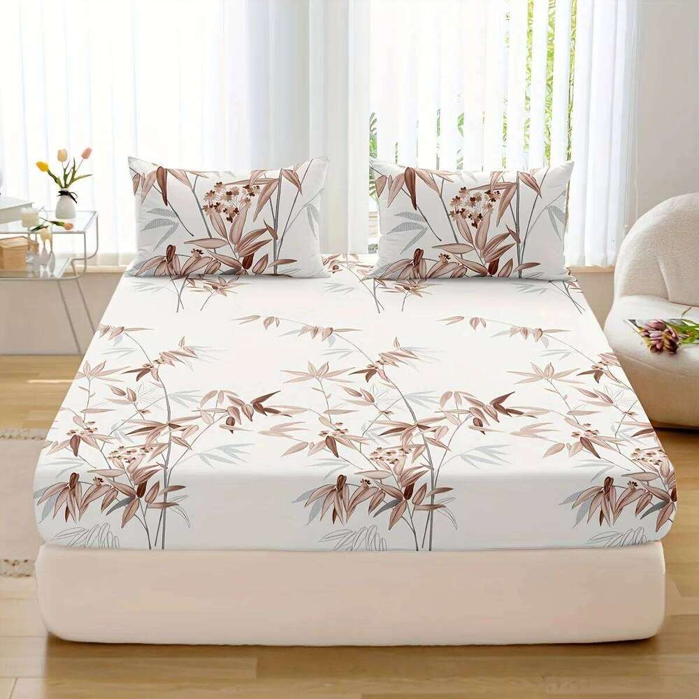 3pcs Bamboo Leaf Print Fitted Sheet Set Soft, Breathable, Comfortable, Hypoallergenic Bedding for Bedroom, Guest Room - 1 Fitt H260311