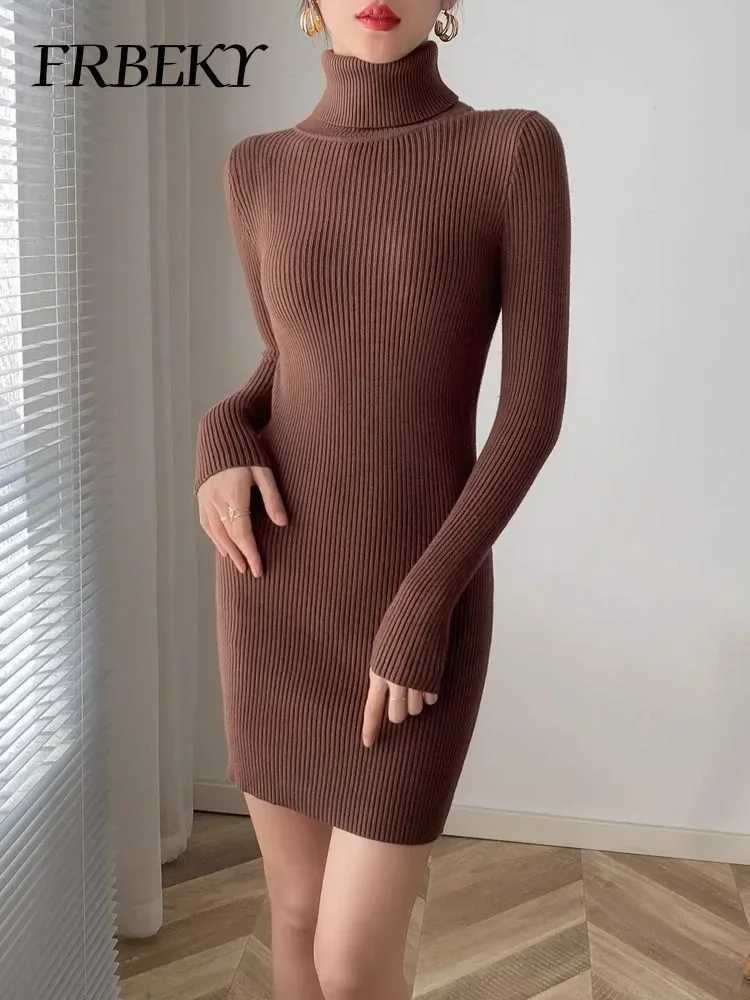 Autumn New Korean Turtleneck Knitted Dress Pure Color Bodycon Sweater Dress Office Lady Pullover Casual Elegant Knitwear Jumper M260311